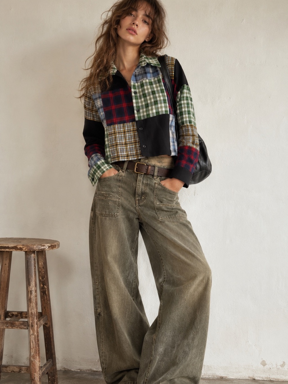The Ragged Priest Patchwork Plaid Cropped Shirt Top Size 8